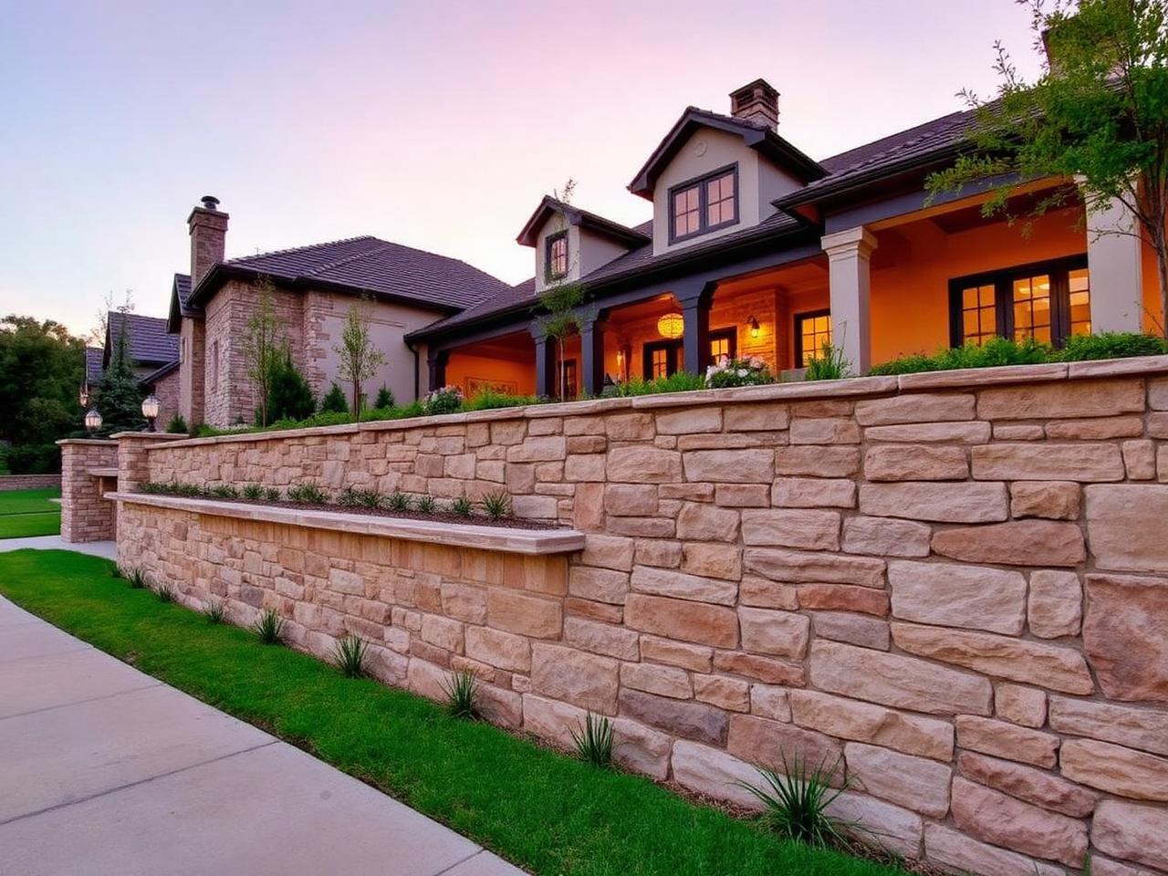 Masonry contractor in DFW building a custom stone retaining wall and brick columns